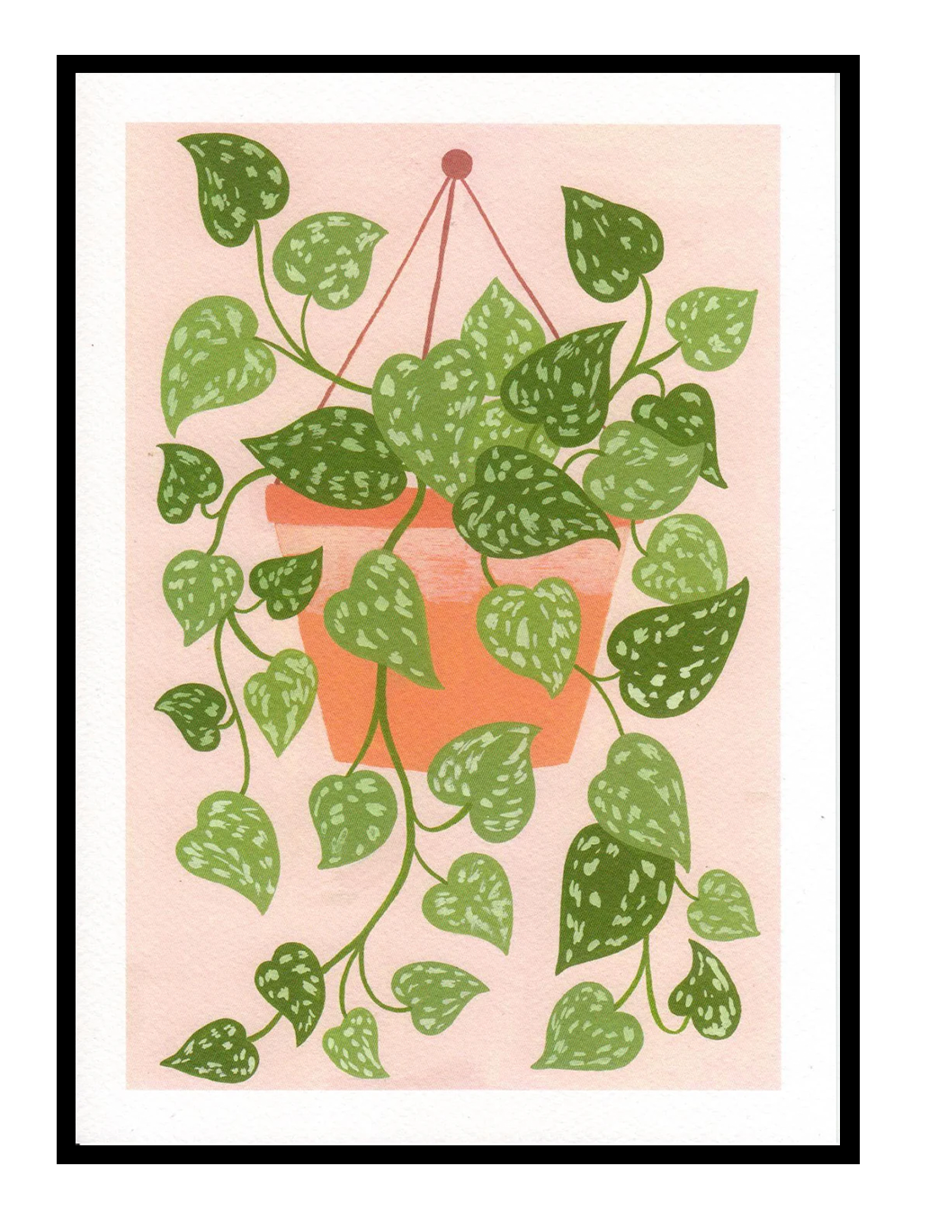 Scindapsus plant art print by Leens with cascading green leaves in a hanging terracotta pot on a blush pink background, modern botanical wall decor for cozy interiors.