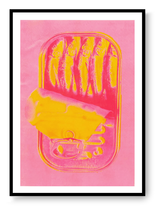 Neon pink and yellow sardines can risograph print by PTRVRKD, pop art wall print available in A4 and A3, modern graphic illustration from Galerie Frits