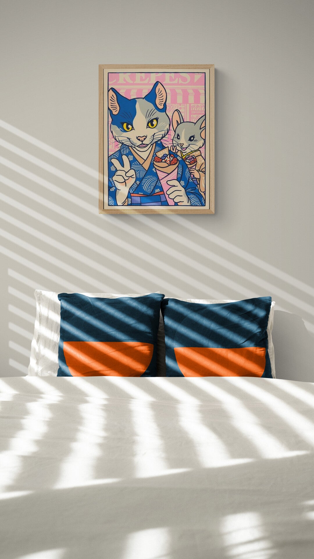 Playful pop-style illustration by Yeaaah! Studio featuring a stylish anthropomorphic cat and mouse in traditional Japanese kimonos, enjoying crepes and posing for a selfie in a colorful Harajuku street scene. A vibrant fusion of kawaii culture and retro comic art—perfect for fans of Japan-inspired, quirky wall decor