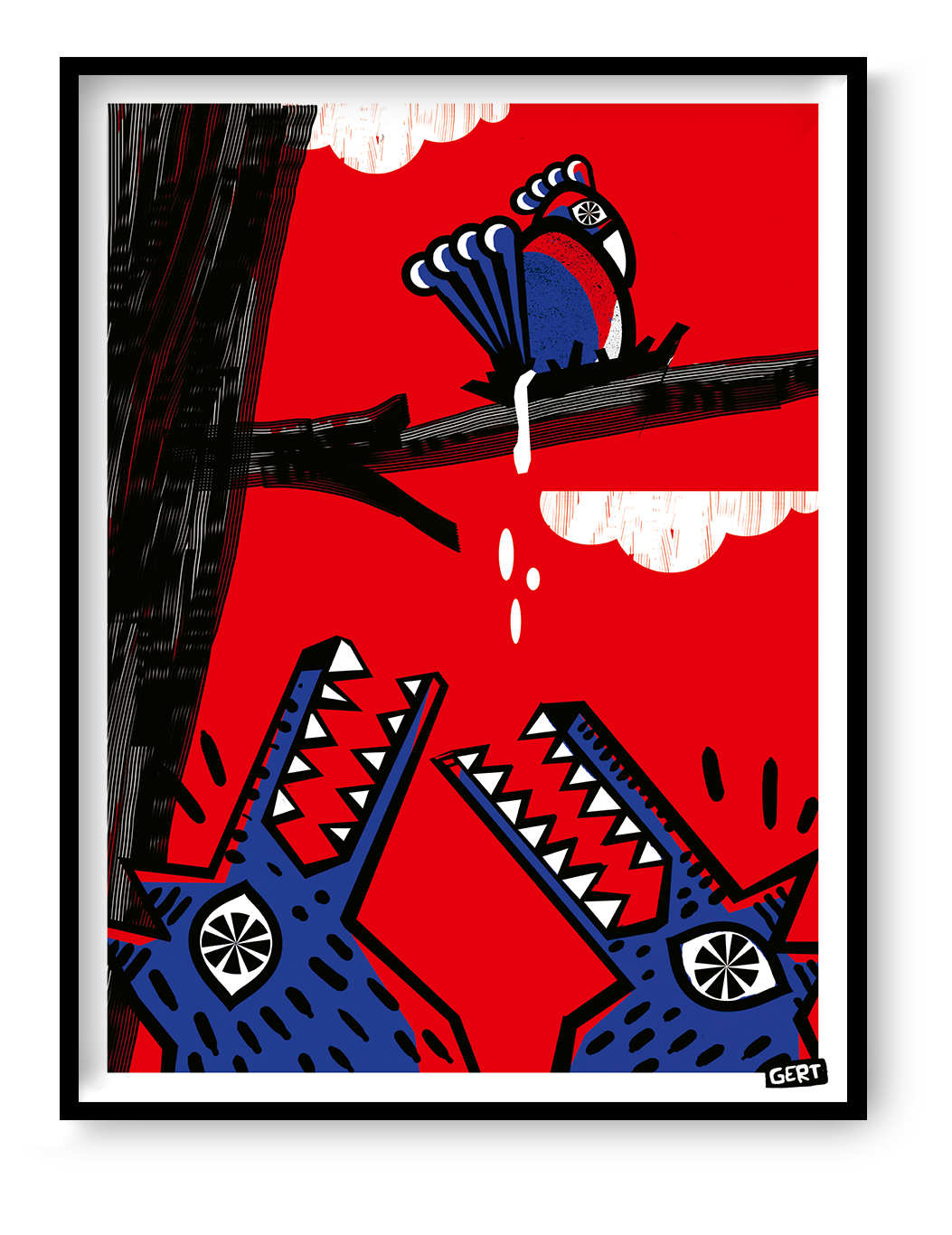 Bold contemporary art print featuring a colorful bird perched above two stylized crocodiles with open jaws, illustrated in graphic blue, red, black and white shapes. Modern digital wall art by Belgian illustrator Gert Paenen with playful humor and striking visual contrast.