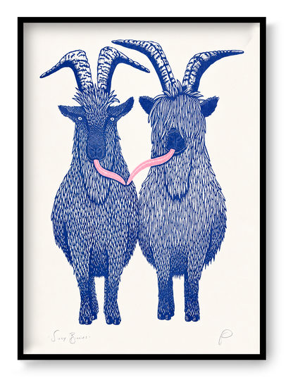Silly Billies by Strangford, vertical A3 risograph print of two shaggy blue goats with curved horns and a playful pink tongue on cream paper, quirky wall art for colourful interiors.