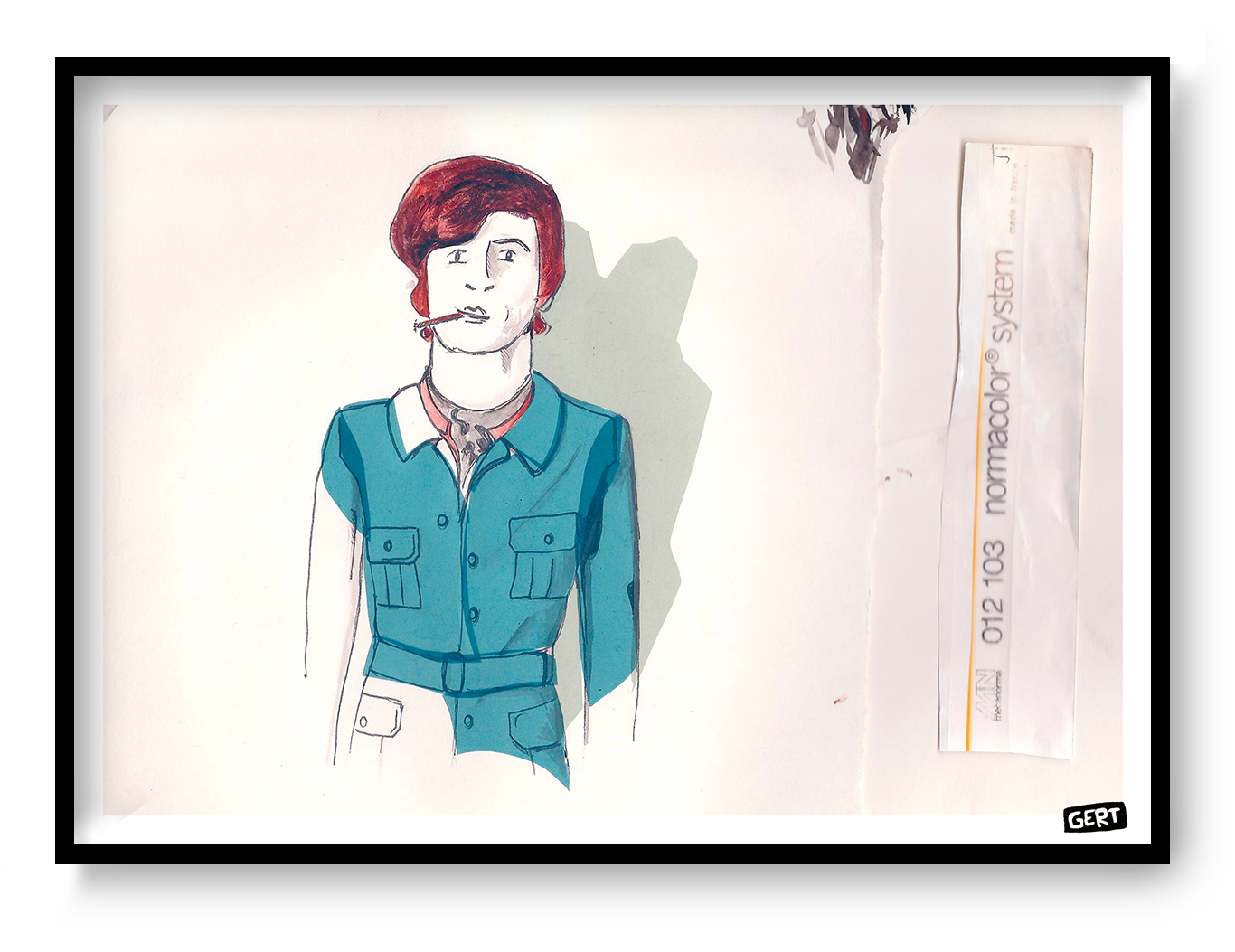 Sketch Guy by Gert Paenen, 13 × 18 cm digital art print featuring a hand-drawn character portrait with red hair, expressive sketch lines, and blue clothing. Contemporary illustration wall art printed on premium 300 g/m² paper for modern interiors, creative workspaces, and gallery walls.