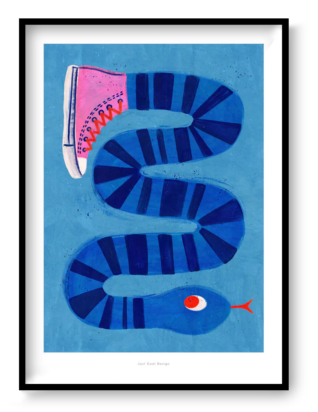 Colorful surreal illustration print by Just Cool Design featuring a long blue striped snake wearing a single pink sneaker, set against a bright blue background. Modern, quirky wall art for playful interiors and design lovers.