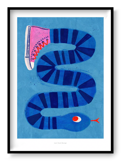 Colorful surreal illustration print by Just Cool Design featuring a long blue striped snake wearing a single pink sneaker, set against a bright blue background. Modern, quirky wall art for playful interiors and design lovers.
