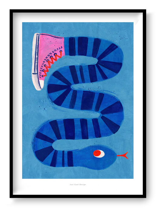 Colorful surreal illustration print by Just Cool Design featuring a long blue striped snake wearing a single pink sneaker, set against a bright blue background. Modern, quirky wall art for playful interiors and design lovers.