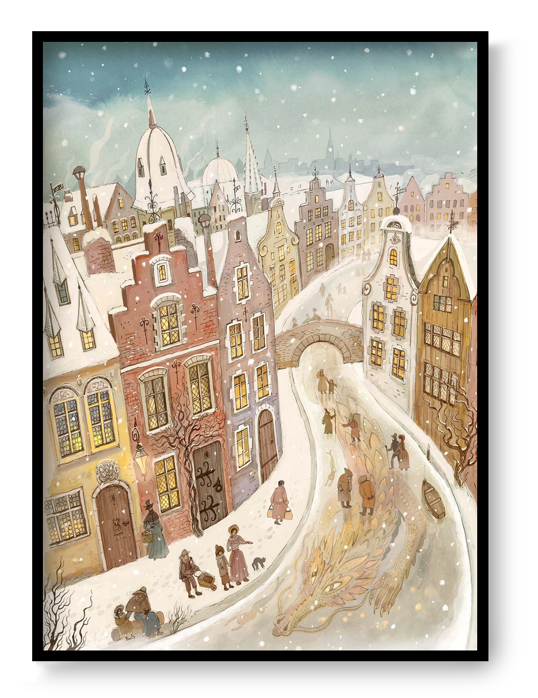Snow Dragon by Lena Yampolski featuring a snowy European town with historic houses, glowing windows, and a hidden golden dragon beneath an icy canal, illustrated in a whimsical folklore-inspired style. Vertical giclée wall art for cozy home decor.