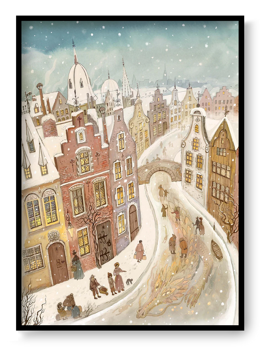Snow Dragon by Lena Yampolski featuring a snowy European town with historic houses, glowing windows, and a hidden golden dragon beneath an icy canal, illustrated in a whimsical folklore-inspired style. Vertical giclée wall art for cozy home decor.