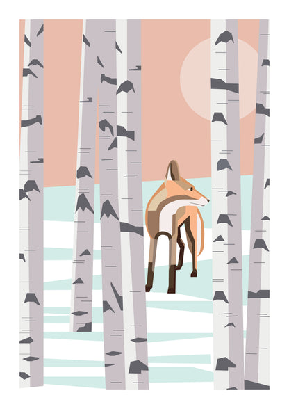Vertical digital art print showing a geometric fox standing among tall white birch trees in a snowy forest, with peach, pale blue and grey tones, designed as modern nature wall art.