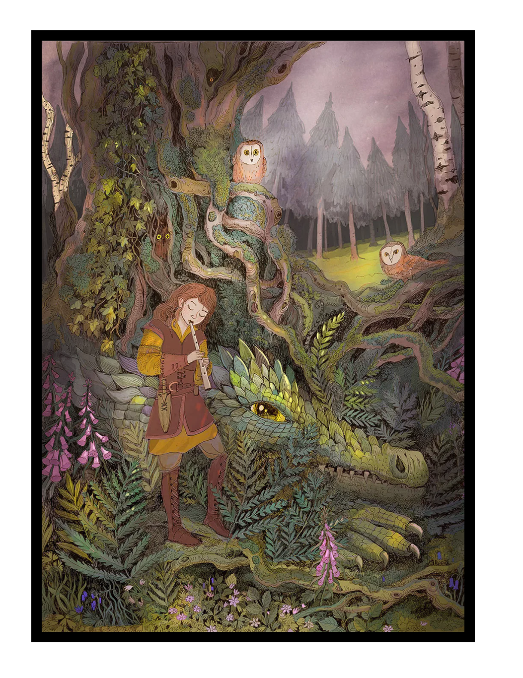 Detailed fantasy forest illustration featuring a musician playing a flute beside a gentle green dragon hidden among lush foliage, owls perched in ancient trees, soft woodland colors and fairytale atmosphere, vertical giclée wall art for cozy home decor.