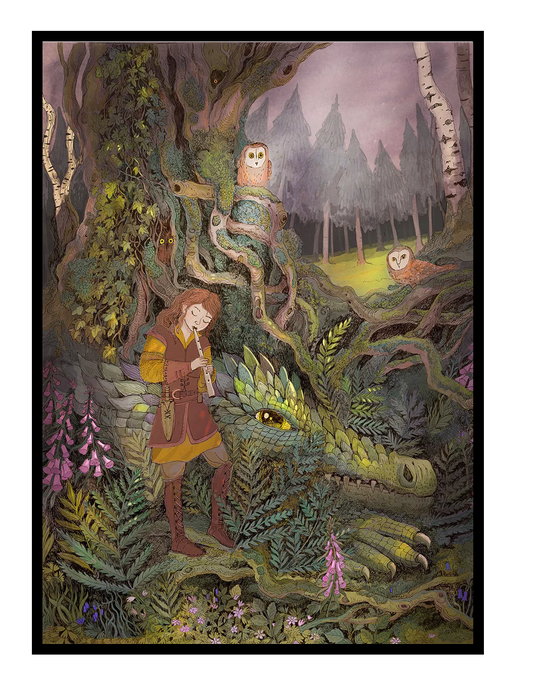 Detailed fantasy forest illustration featuring a musician playing a flute beside a gentle green dragon hidden among lush foliage, owls perched in ancient trees, soft woodland colors and fairytale atmosphere, vertical giclée wall art for cozy home decor.