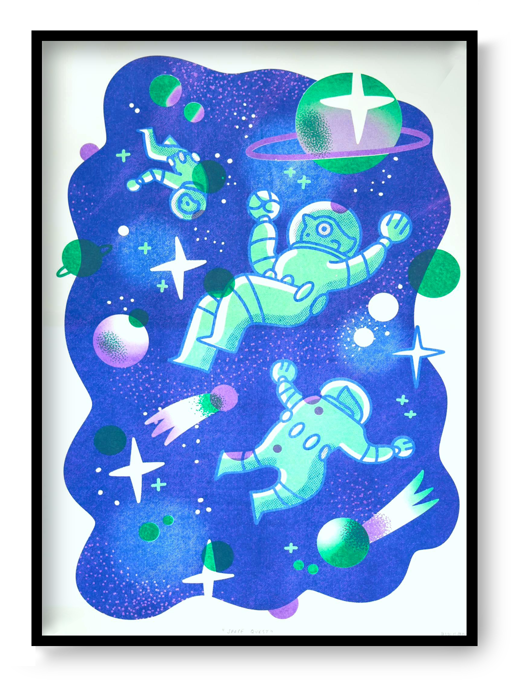 A3 limited edition risograph art print titled Space Quest by Belgian illustrator Auwnanas, featuring playful green astronauts floating in deep blue outer space with planets, stars, and graphic cosmic elements, contemporary wall art made in Belgium.