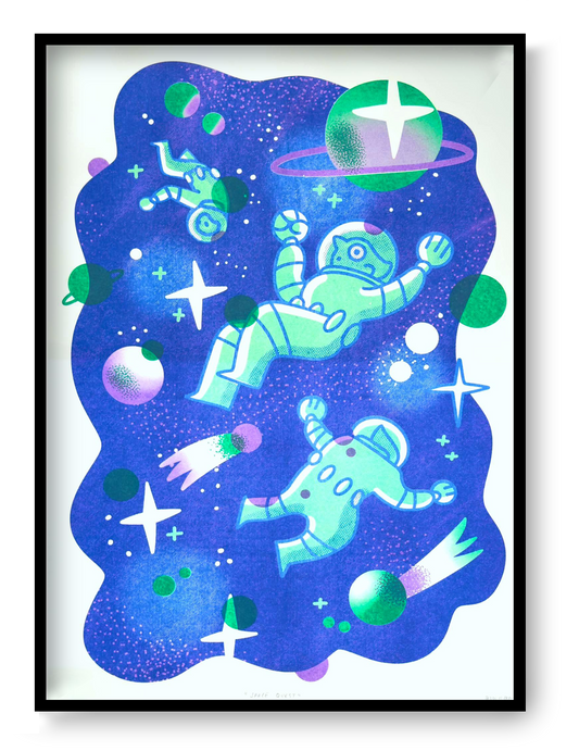 A3 limited edition risograph art print titled Space Quest by Belgian illustrator Auwnanas, featuring playful green astronauts floating in deep blue outer space with planets, stars, and graphic cosmic elements, contemporary wall art made in Belgium.