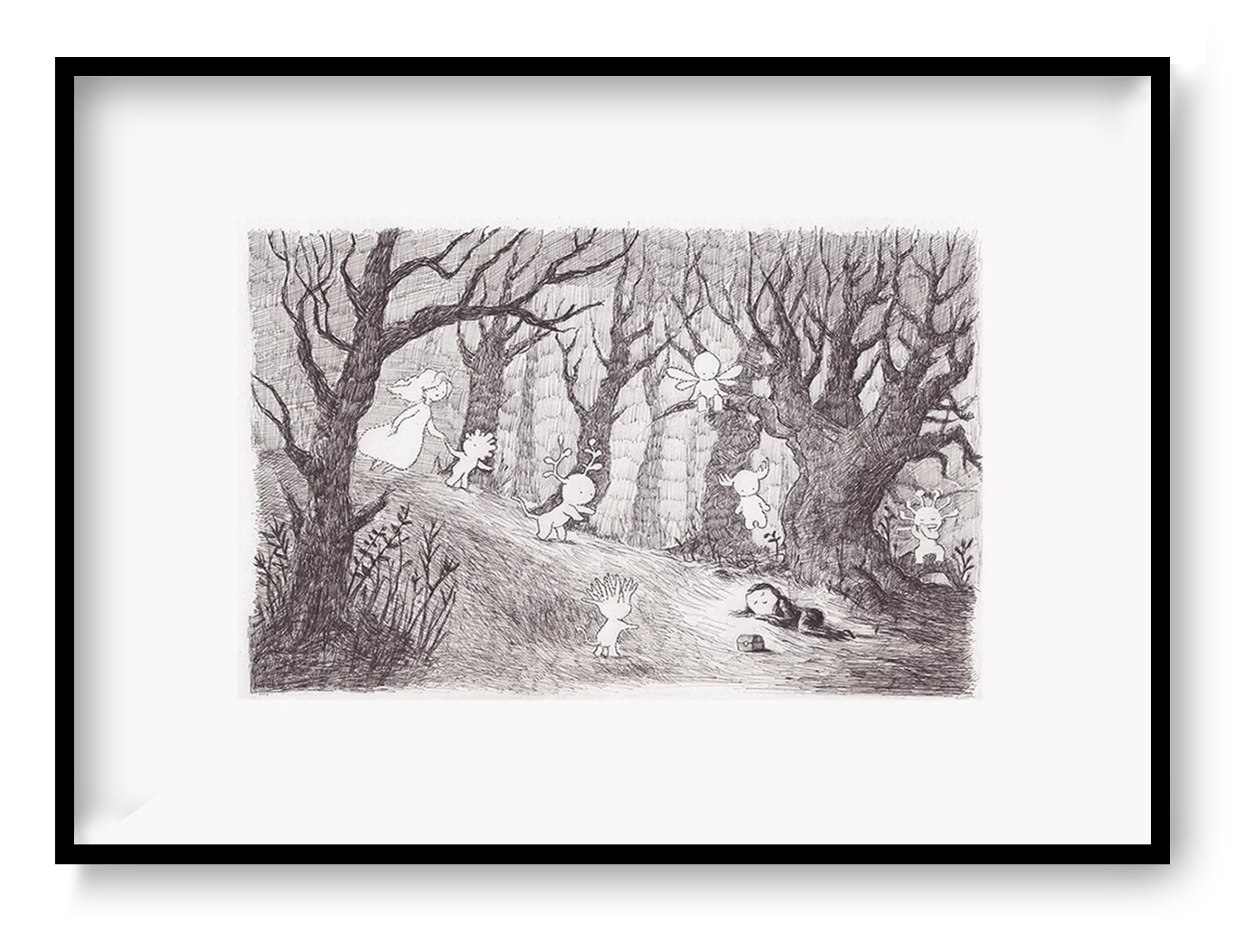 Dreamlike forest illustration with hidden woodland spirits and delicate pencil-style details by Willy Leung. Landscape giclée art print in soft monochrome tones, ideal for cozy living rooms, nurseries, reading corners, and nature-inspired home decor.