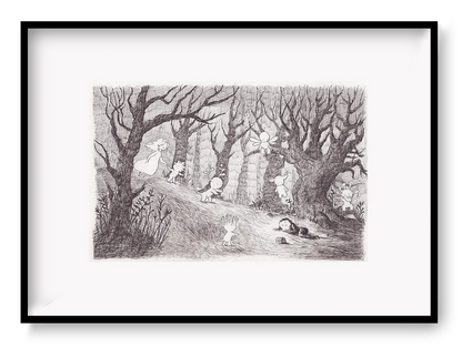Dreamlike forest illustration with hidden woodland spirits and delicate pencil-style details by Willy Leung. Landscape giclée art print in soft monochrome tones, ideal for cozy living rooms, nurseries, reading corners, and nature-inspired home decor.