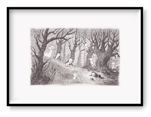 Dreamlike forest illustration with hidden woodland spirits and delicate pencil-style details by Willy Leung. Landscape giclée art print in soft monochrome tones, ideal for cozy living rooms, nurseries, reading corners, and nature-inspired home decor.