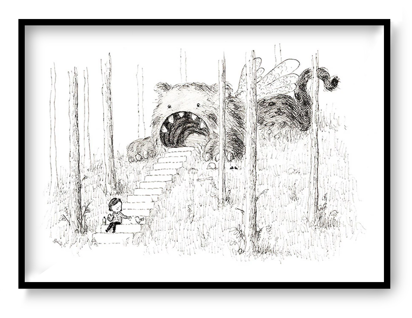 Black and white surreal illustration by Willy Leung showing a child sitting on forest stairs leading into the mouth of a giant furry creature, printed as an A4 giclée art print on Hahnemühle paper.