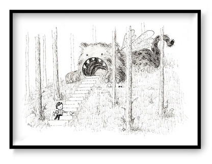Black and white surreal illustration by Willy Leung showing a child sitting on forest stairs leading into the mouth of a giant furry creature, printed as an A4 giclée art print on Hahnemühle paper.
