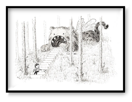 Black and white surreal illustration by Willy Leung showing a child sitting on forest stairs leading into the mouth of a giant furry creature, printed as an A4 giclée art print on Hahnemühle paper.