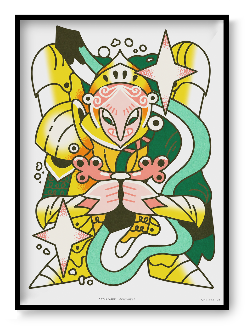 Starlight Sentinel risograph art print by Auwnanas featuring a stylized warrior figure with stars, bold yellow and green tones, and dynamic abstract shapes in A3 format