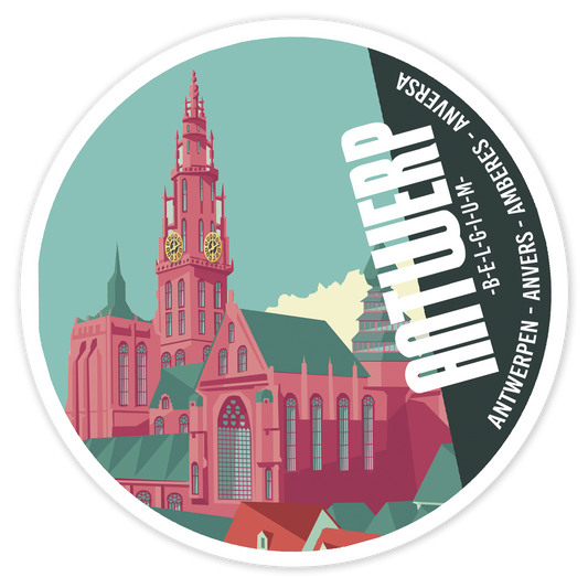 Round illustrated sticker of Antwerp Cathedral – vibrant graphic design souvenir featuring the iconic Cathedral of Our Lady in Belgium, with city name in multiple languages