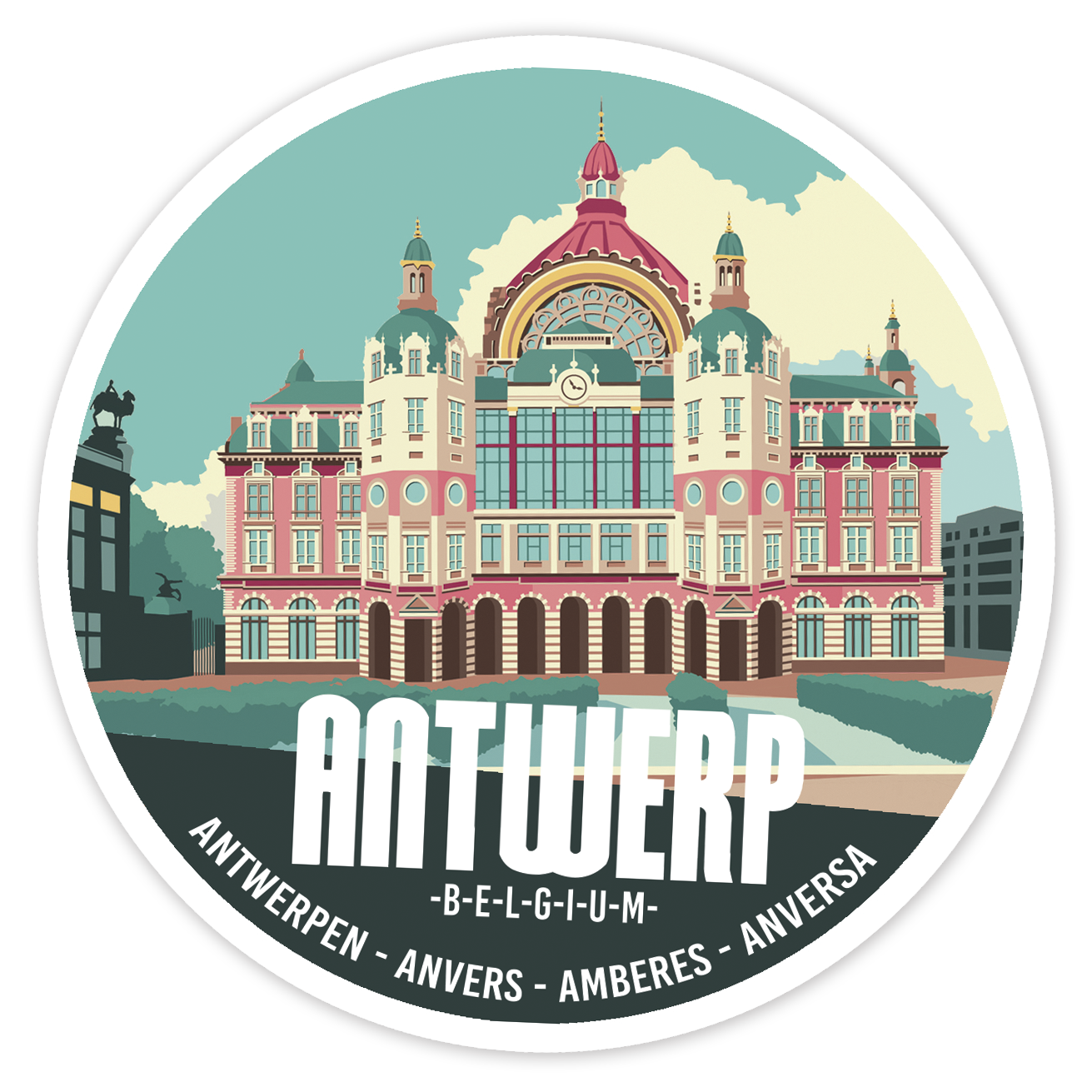 Round illustrated sticker of Antwerp Central Station – colorful retro-style graphic featuring the iconic train station façade, Belgian souvenir with multilingual city name.