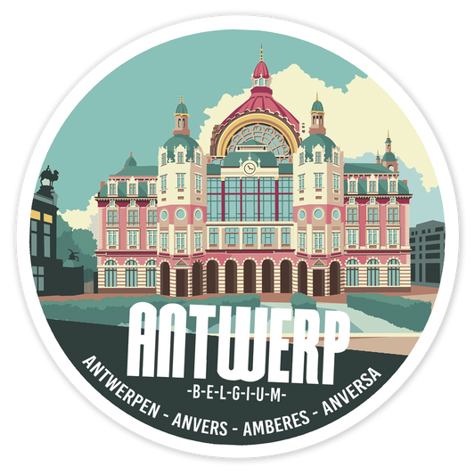 Round illustrated sticker of Antwerp Central Station – colorful retro-style graphic featuring the iconic train station façade, Belgian souvenir with multilingual city name.