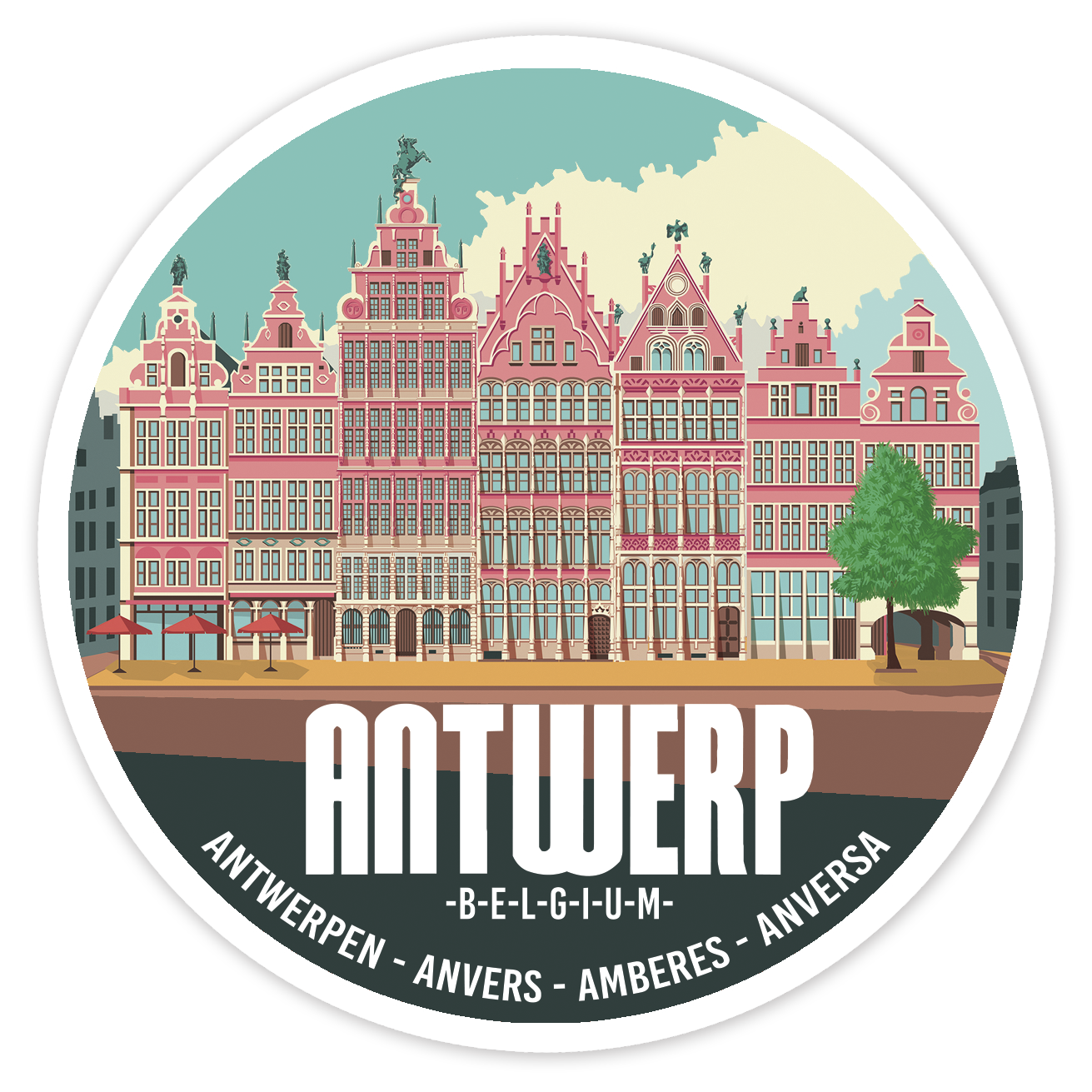 Round illustrated sticker of Antwerp’s Grote Markt – colorful Belgian souvenir with historic guild houses, designed in retro graphic style with city name in multiple languages.