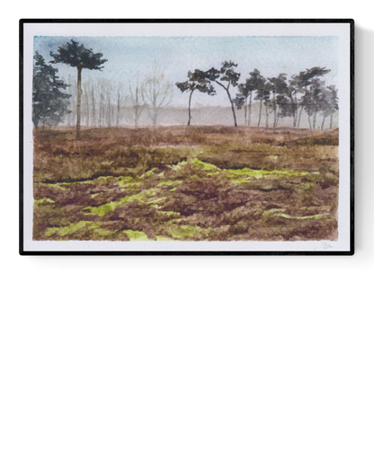 Serene misty landscape art print Landscape 2 by Belgian illustrator Stien van Kerckhoven, featuring soft earthy tones and peaceful nature scene – A5 size, printed on 250g paper in Belgium.