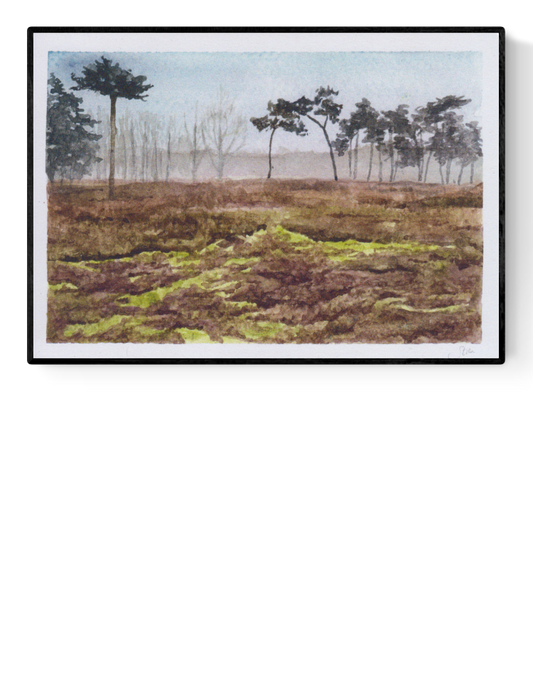 Serene misty landscape art print Landscape 2 by Belgian illustrator Stien van Kerckhoven, featuring soft earthy tones and peaceful nature scene – A5 size, printed on 250g paper in Belgium.