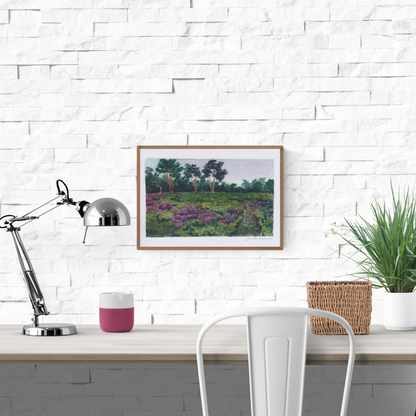 Peaceful countryside landscape print titled Landscape 3 by Belgian illustrator Stien van Kerckhoven, featuring green heath fields and purple wildflowers – A5 size fine art print made in Belgium.