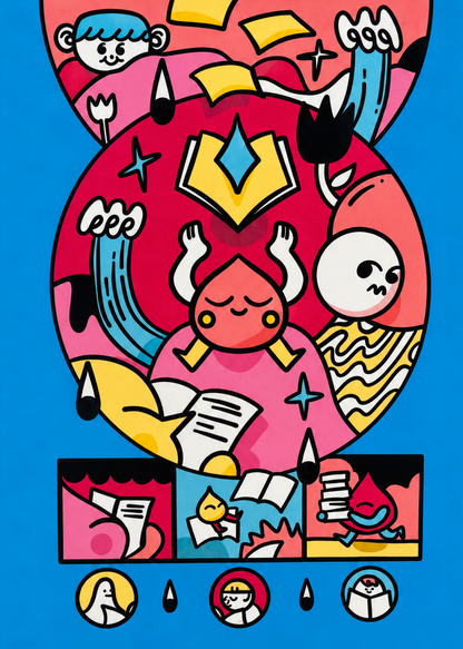 Vertical risograph art print by Auwnanas showing playful characters making, reading and carrying books and loose pages, with bold black lines and bright pink, blue and yellow colours, ideal for a reading room or creative wall.