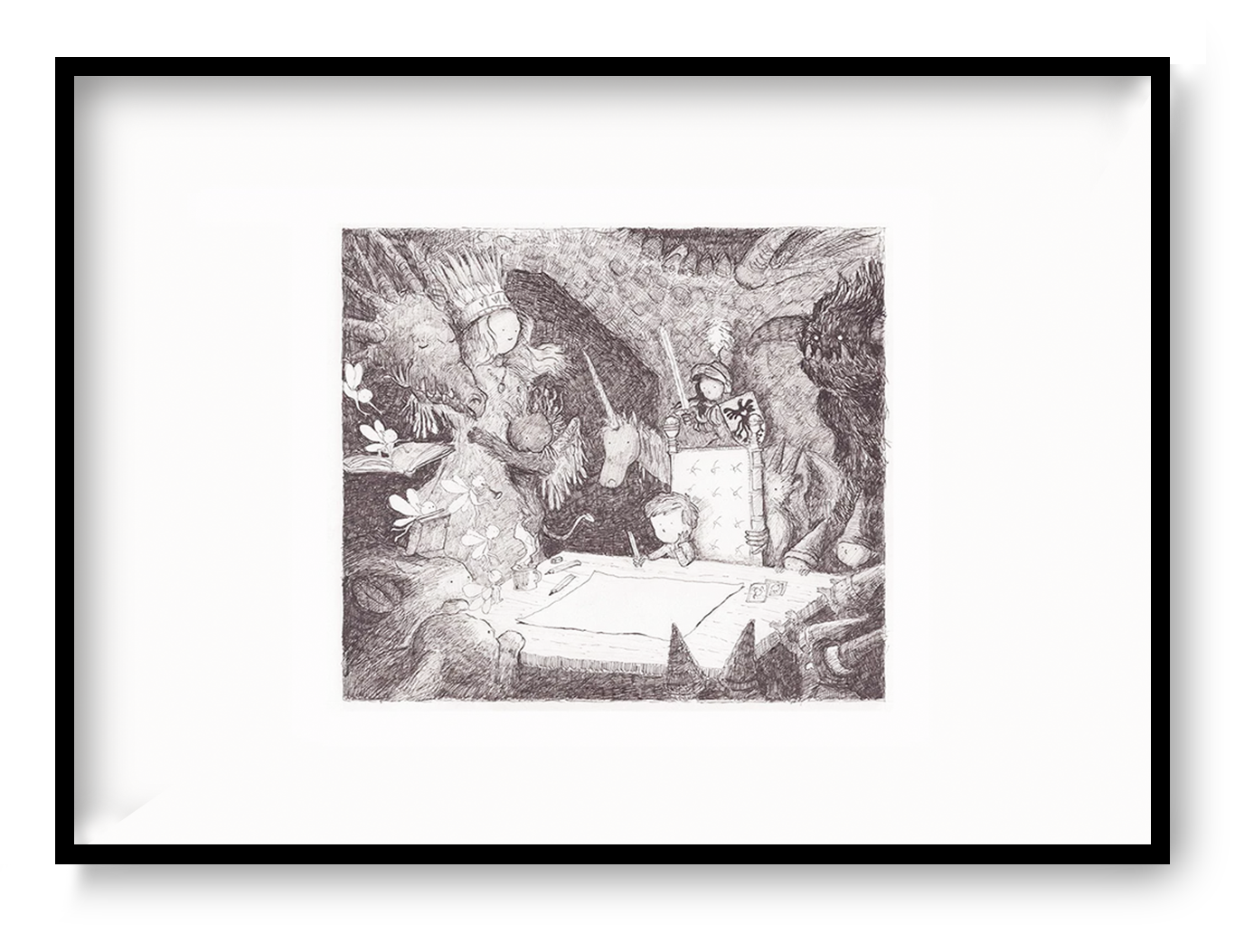 Black and white fantasy illustration by Willy Leung featuring children and mysterious forest creatures gathered around a map. Detailed horizontal giclée print on fine art paper, ideal for living rooms, reading corners, studios, and cozy interiors.