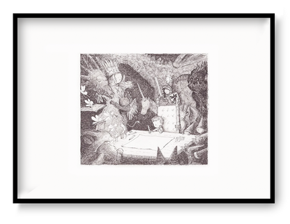 Black and white fantasy illustration by Willy Leung featuring children and mysterious forest creatures gathered around a map. Detailed horizontal giclée print on fine art paper, ideal for living rooms, reading corners, studios, and cozy interiors.