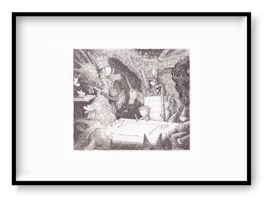 Black and white fantasy illustration by Willy Leung featuring children and mysterious forest creatures gathered around a map. Detailed horizontal giclée print on fine art paper, ideal for living rooms, reading corners, studios, and cozy interiors.
