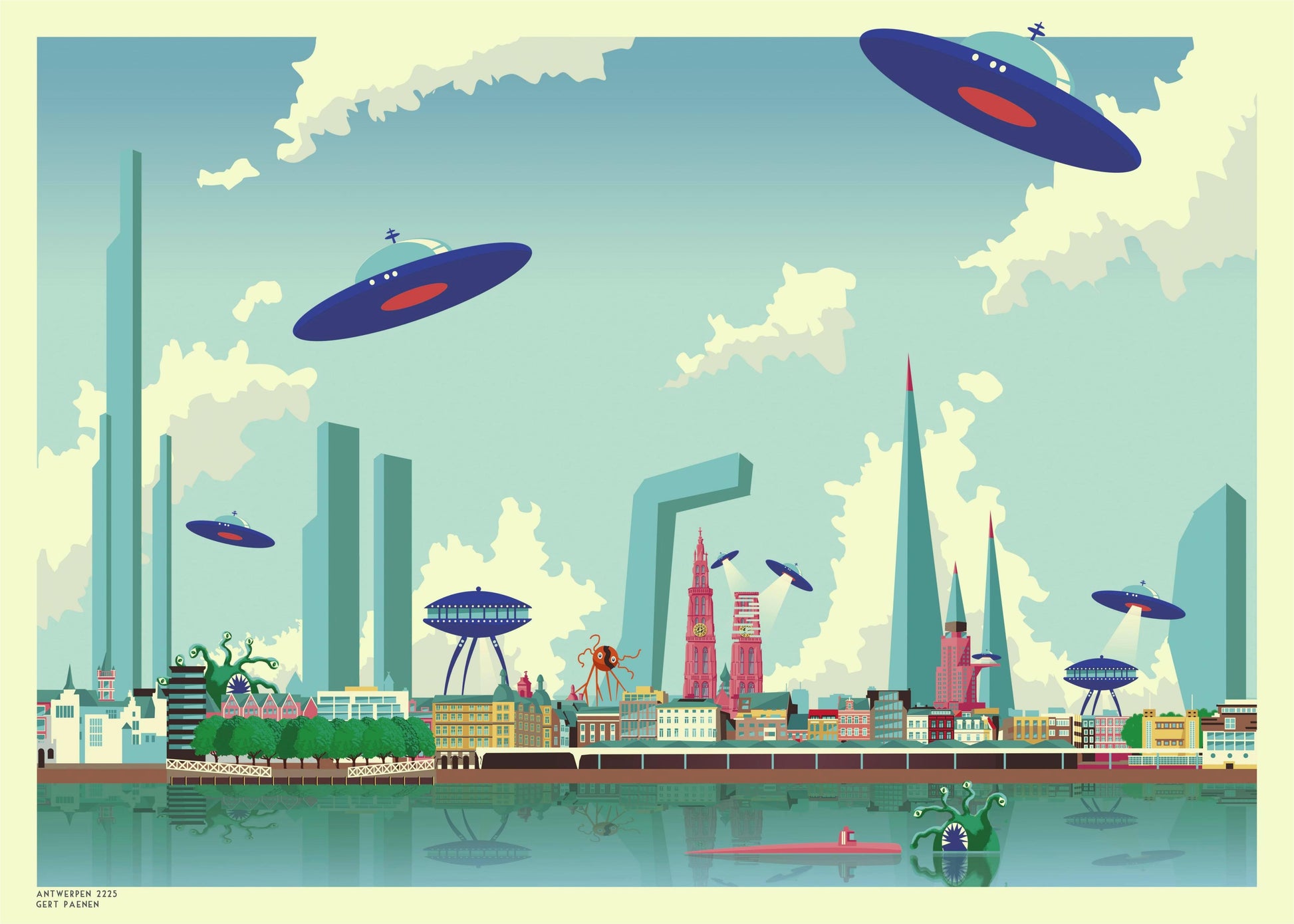Futuristic illustration of Antwerp 2225 by Belgian artist Gert Paenen (Studio Frits), showing a colorful sci-fi city skyline with UFOs, sea monsters, and futuristic skyscrapers reflected in the Scheldt River – digital art print 50x70 cm available at Galerie Frits.