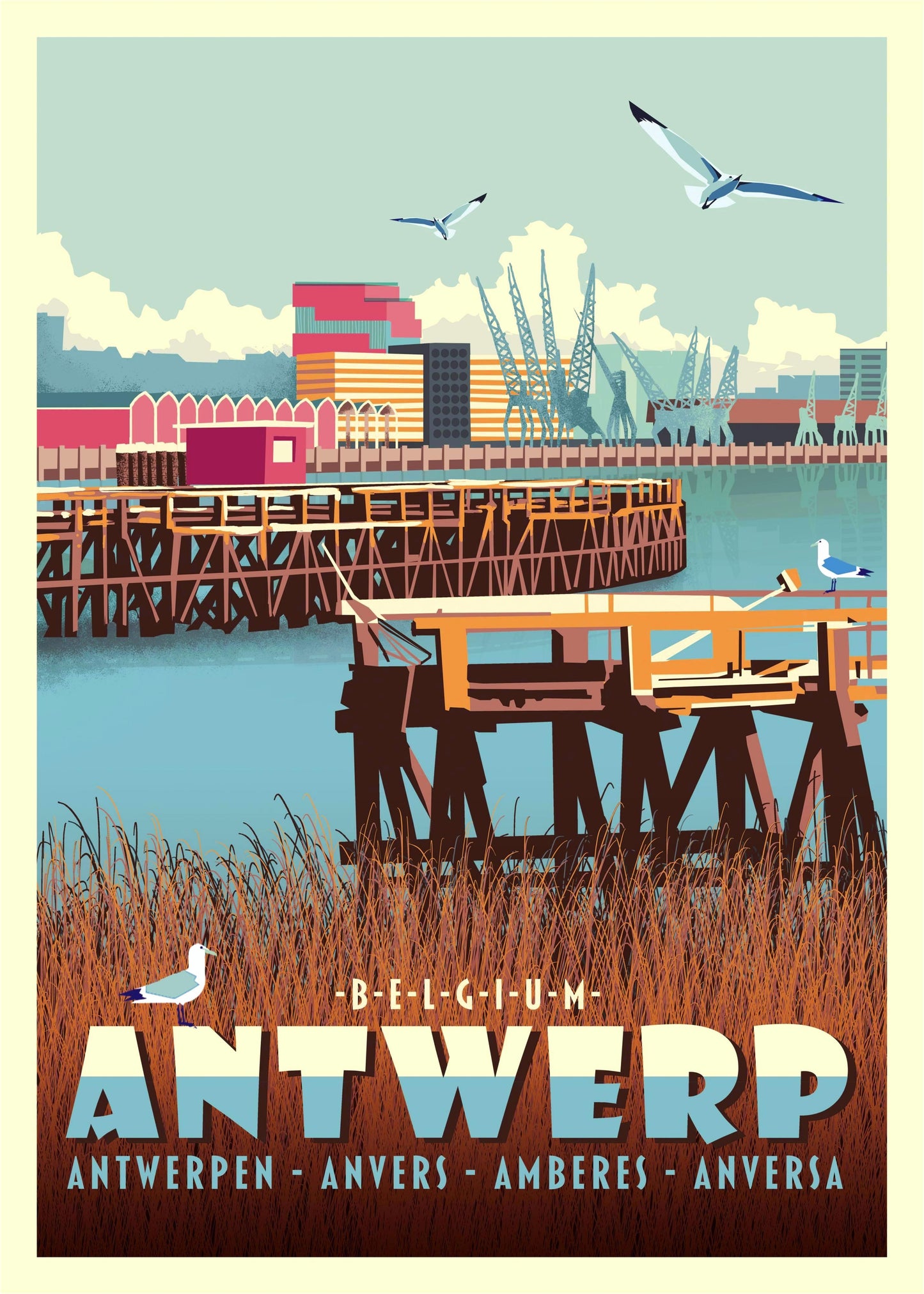 Digital architectural art print of Antwerp Eilandje harbor, featuring docks, cranes, water reflections, and seagulls in a retro-inspired style by Belgian illustrator Gert Paenen.