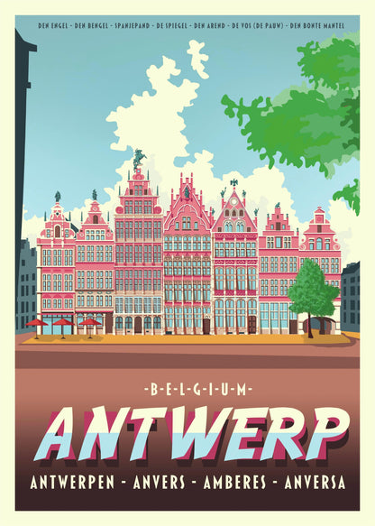 Large architectural digital art print of Antwerp Grote Markt, featuring Renaissance guildhalls, historic façades, and bold graphic colors by Belgian illustrator Gert Paenen.