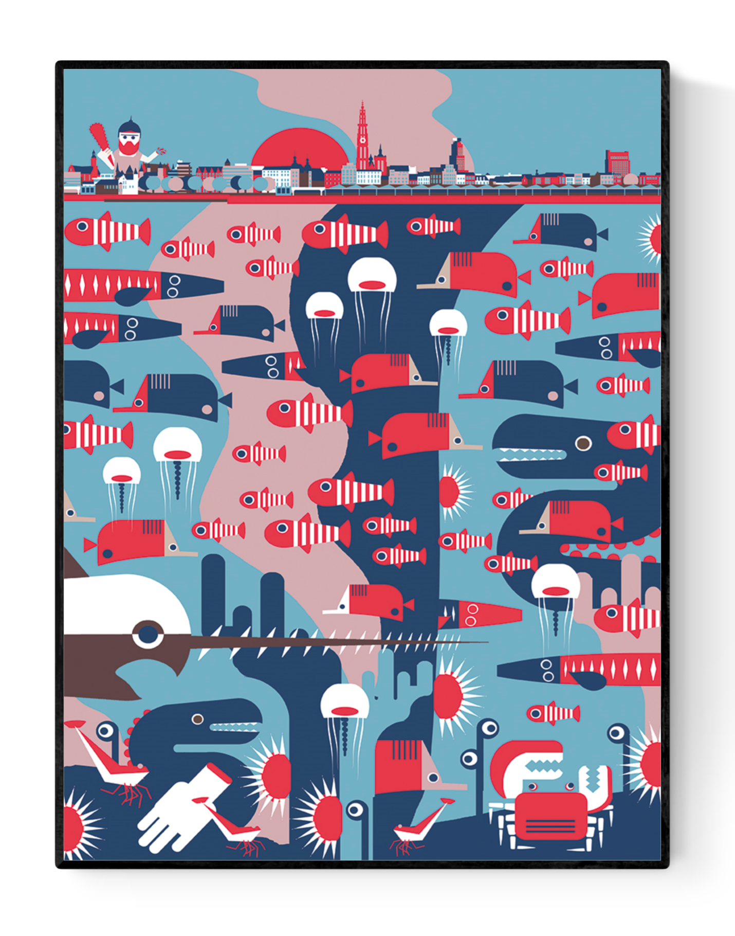 Colorful 30 x 40 cm art print titled The Legend of Antwerp by Studio Frits, featuring a stylized city skyline above a surreal underwater scene full of red, blue, and white sea creatures. Printed on 300g paper in Belgium. Perfect for fans of folklore, design, and Antwerp.