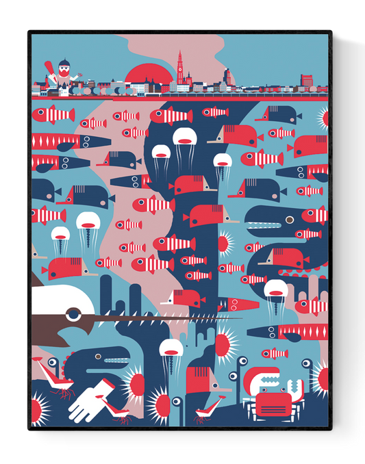 Colorful 30 x 40 cm art print titled The Legend of Antwerp by Studio Frits, featuring a stylized city skyline above a surreal underwater scene full of red, blue, and white sea creatures. Printed on 300g paper in Belgium. Perfect for fans of folklore, design, and Antwerp.