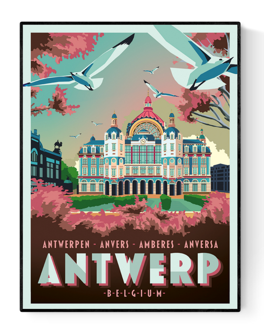 Vintage-style poster of Central Station Antwerp by Studio Frits – colorful retro travel art print featuring Antwerp’s iconic railway station with flying seagulls and spring foliage. Perfect wall decor for lovers of Belgian architecture, train stations, and European city posters. Available at Galerie Frits