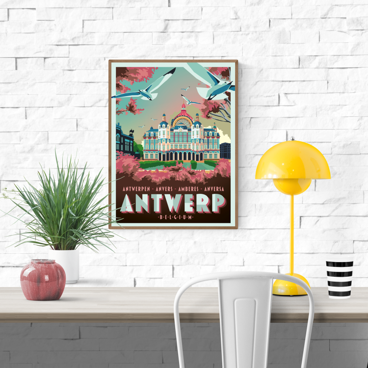 Vintage-style poster of Central Station Antwerp by Studio Frits – colorful retro travel art print featuring Antwerp’s iconic railway station with flying seagulls and spring foliage. Perfect wall decor for lovers of Belgian architecture, train stations, and European city posters. Available at Galerie Frits