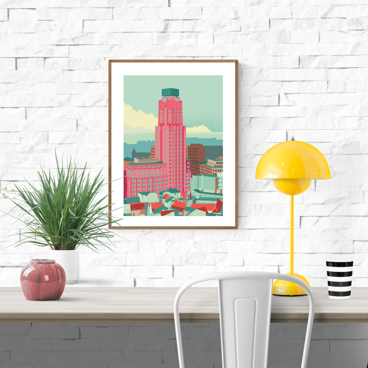 Boerentoren Antwerp illustration by Studio Frits – colorful modern art print of the iconic Art Deco skyscraper in Antwerp, Belgium, architectural wall art in pastel tones, perfect for urban design lovers, available at Galerie Frits