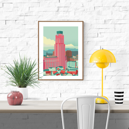 Boerentoren Antwerp illustration by Studio Frits – colorful modern art print of the iconic Art Deco skyscraper in Antwerp, Belgium, architectural wall art in pastel tones, perfect for urban design lovers, available at Galerie Frits