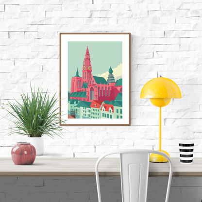 Cathedral Antwerp art print by Studio Frits – colorful architectural illustration of the Cathedral of Our Lady in Antwerp. Featuring bold pinks, greens, and clean lines in a modern graphic style. Perfect for architecture lovers, Belgium art collectors, and vibrant wall décor. Available at Galerie Frits