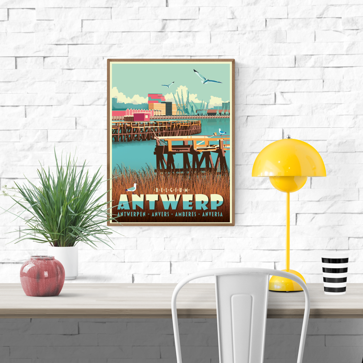 Digital architectural art print of Antwerp Eilandje harbor, featuring docks, cranes, water reflections, and seagulls in a retro-inspired style by Belgian illustrator Gert Paenen.