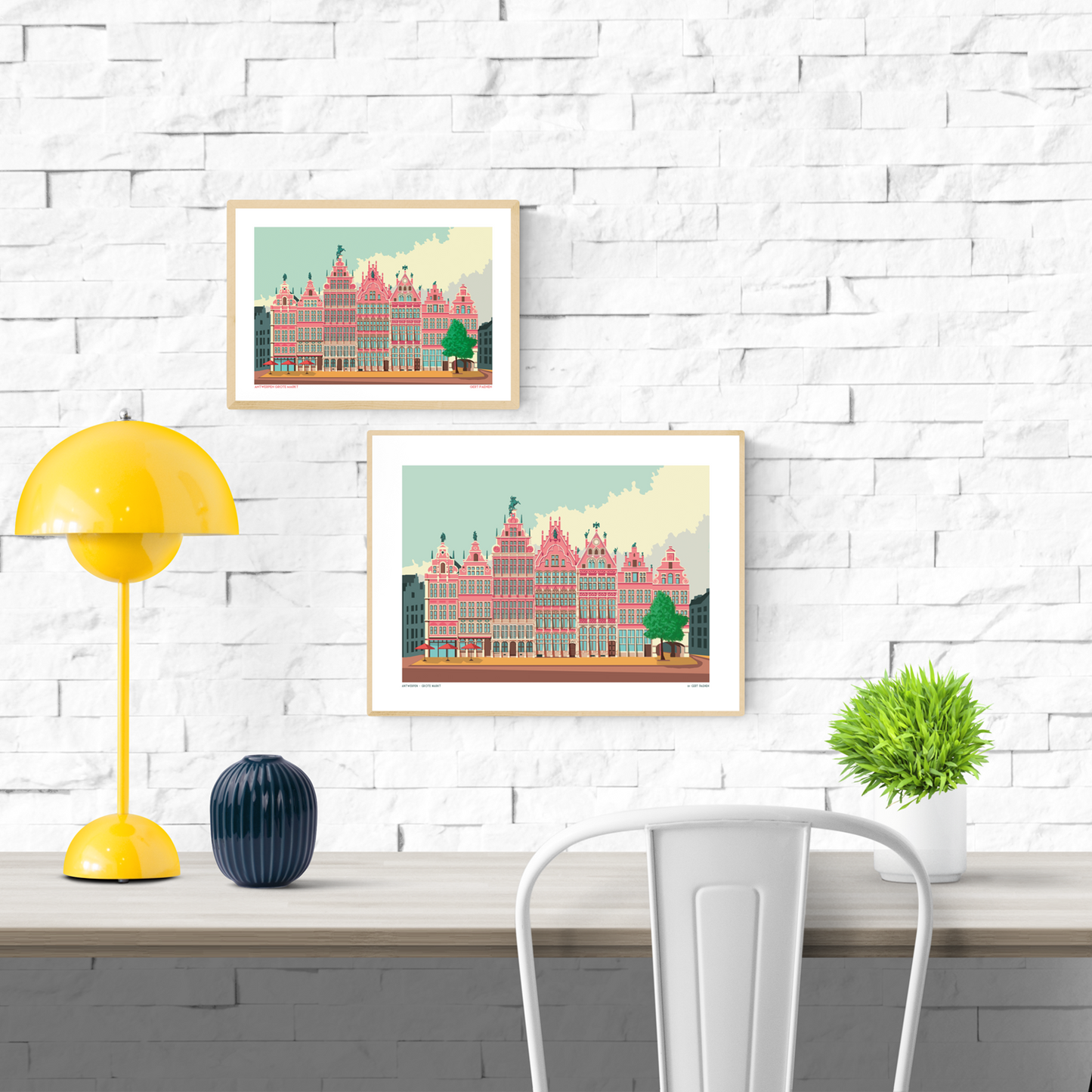Colorful illustration print of Antwerp’s Grote Markt historic buildings by Studio Frits, modern architectural art on heavyweight paper – Belgian cityscape wall decor available in A4 and 30x40 cm sizes