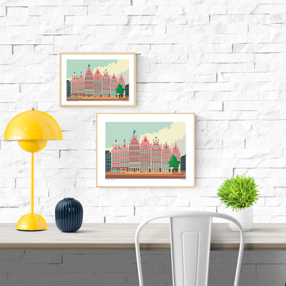 Colorful illustration print of Antwerp’s Grote Markt historic buildings by Studio Frits, modern architectural art on heavyweight paper – Belgian cityscape wall decor available in A4 and 30x40 cm sizes