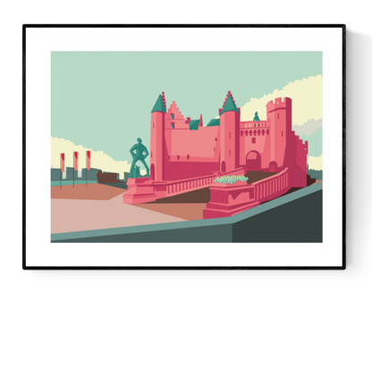 Colorful modern art print of Het Steen castle in Antwerp by Studio Frits – 30x40 cm architectural illustration featuring iconic medieval fortress in bold pink and teal tones, printed on premium paper.