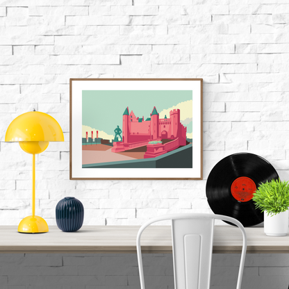 Colorful modern art print of Het Steen castle in Antwerp by Studio Frits – 30x40 cm architectural illustration featuring iconic medieval fortress in bold pink and teal tones, printed on premium paper.