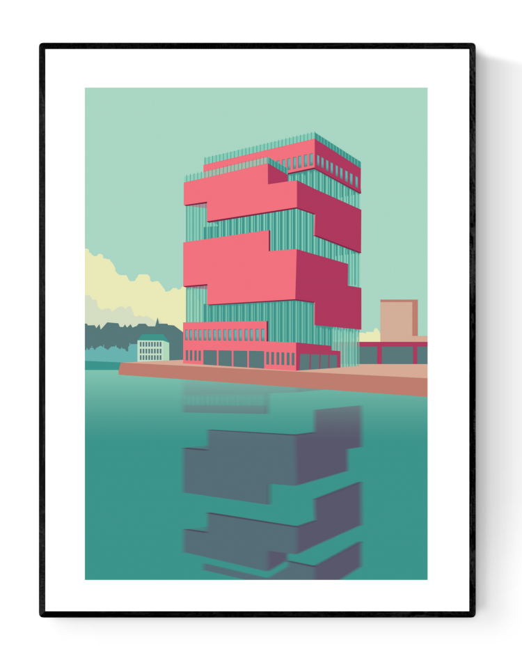 Minimalist digital art print of the MAS Museum in Antwerp, Belgium – bold red and turquoise geometric design by Studio Frits on 30x40 cm heavyweight paper.